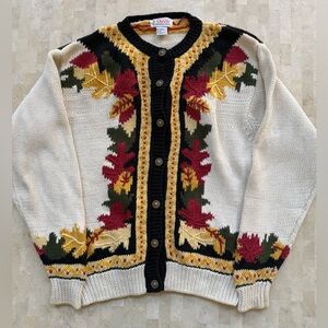 Vintage Orvis Cotton Blend Cardigan Sweater Fall Autumn Leaves Knit Womens M